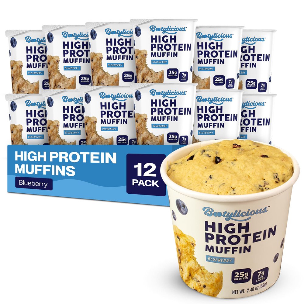 Bootylicious | 25g Protein Muffin | Blueberry | Low Carb, 14g Fiber, Low Glycimic Index, Low Sugar, 2.29 Cup, 12-Pack