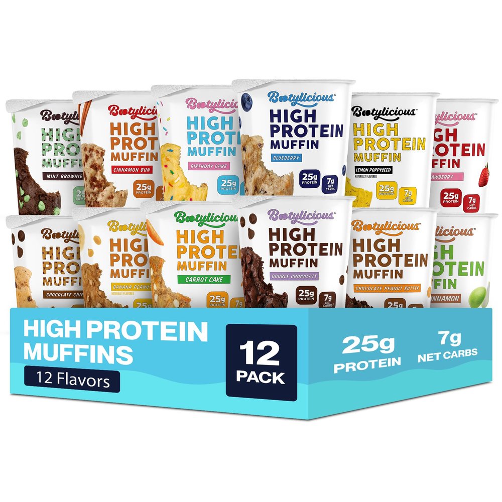 Bootylicious | 25g Protein Muffin | Ultimate Variety | Low Carb, 16g-18g Fiber, Low Glycimic Index, Low Sugar, 2.32-2.75oz Cup, 12-Pack