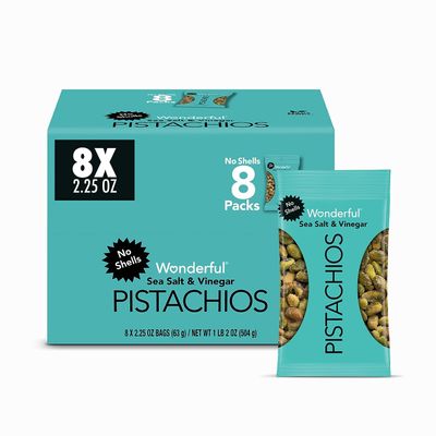 Wonderful Pistachios No Shells, Sea Salt & Vinegar Flavored Nuts, 2.25 Ounce Bag (Pack of 8), Protein Snacks, Gluten Free Snacks for Adults
