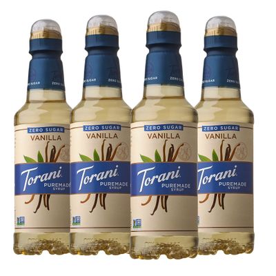 Torani Puremade Syrup, Vanilla, Zero Sugar, No Artificial Colors, Flavors or Preservatives, Kosher, Gluten Free & Non-GMO, 375ml, 12.7 Fluid Ounce (Pack of 4)
