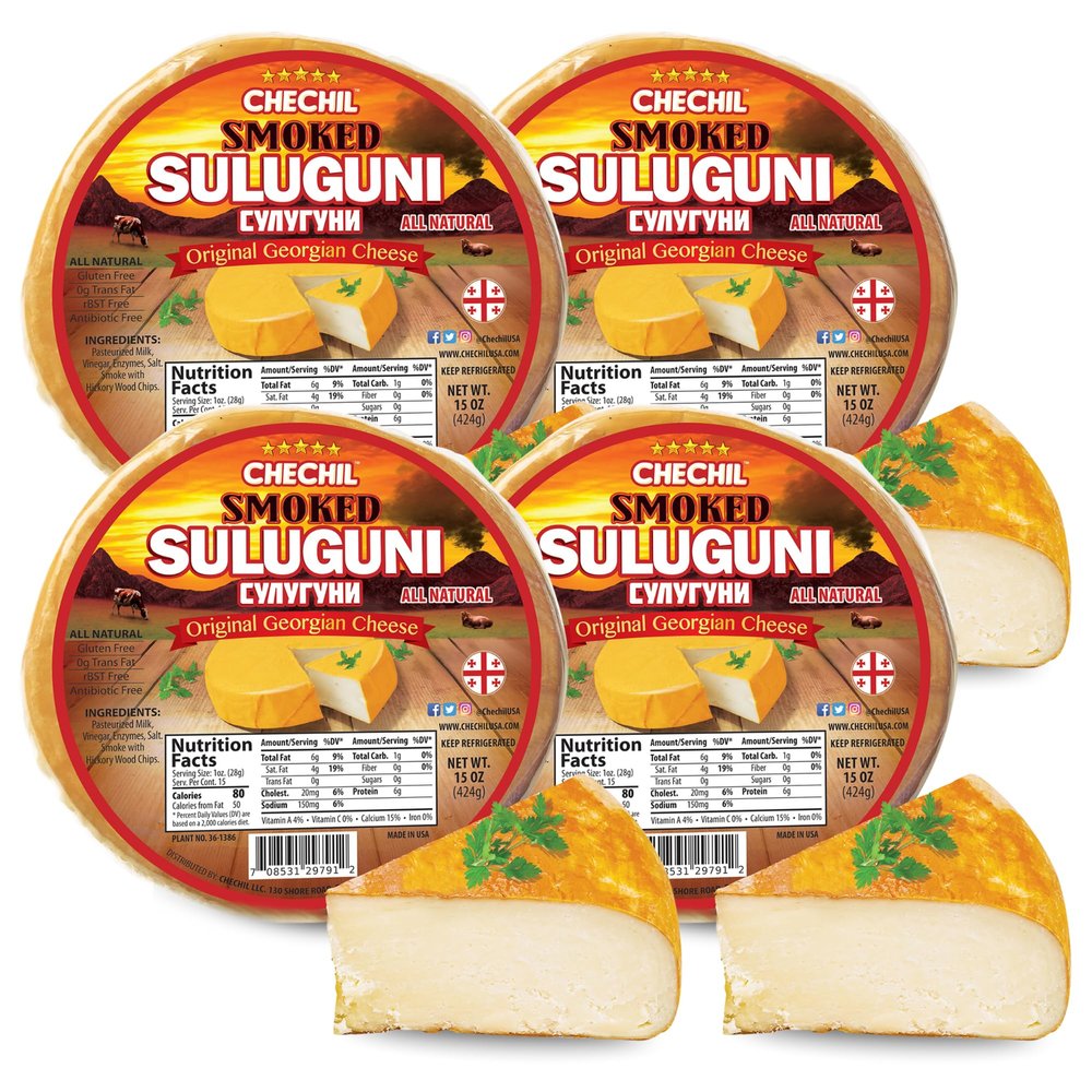 Chechil Smoked Suluguni Table Cheese (4 Pack) Georgian Style, Bold Flavor, Keto Friendly, Made in USA, Gourmet Snack for Charcuterie, Pasta, Salads