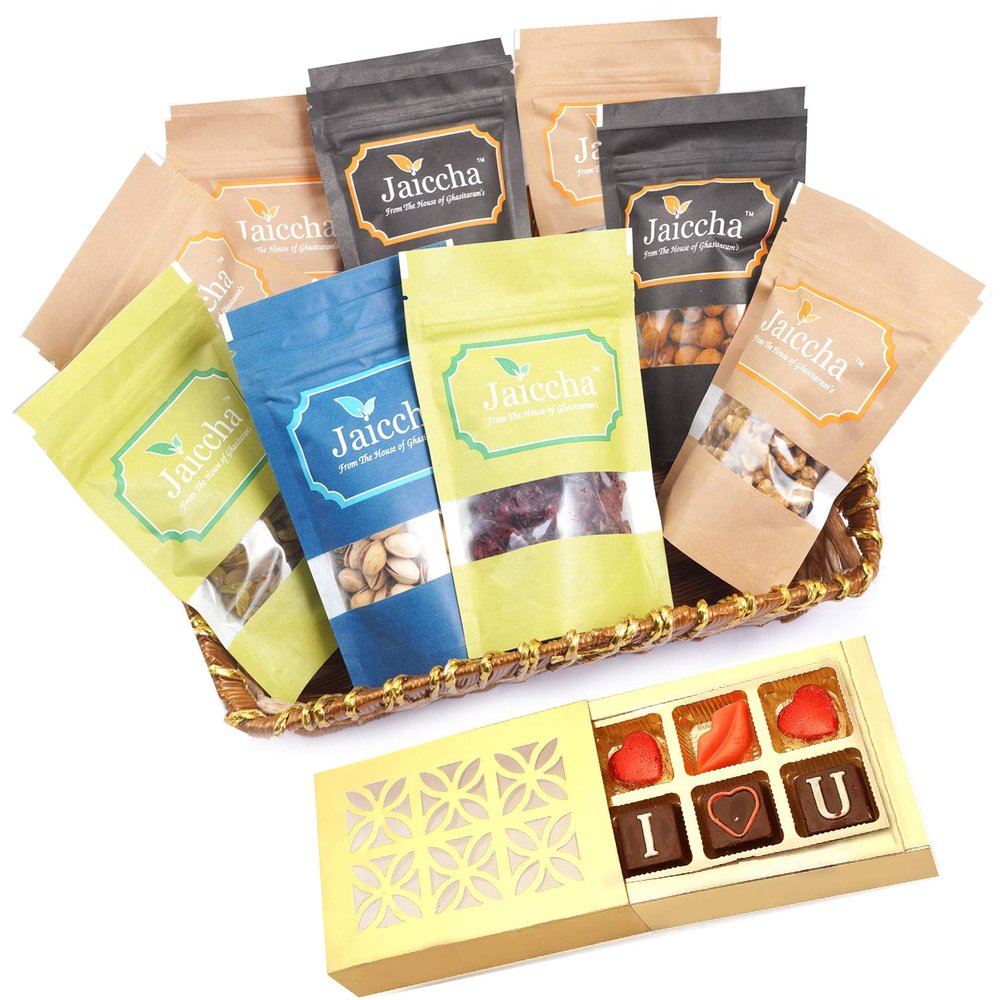 Jaiccha Ghasitaram Basket Hamper of 9 Heavenly Dryfruits with Chocolate Box |Gift for Diwali,Holi,Rakhi,Valentine,Christmas,Birthday,Anniversary,Her,Him|