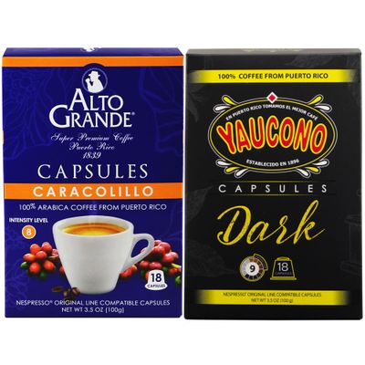 Alto Grande Caracolillo & Yaucono Dark Roast Coffee Capsules, Variety Pack, 36 Ct, Nespresso Original Line Compatible, Puerto Rico Single Serve Espresso