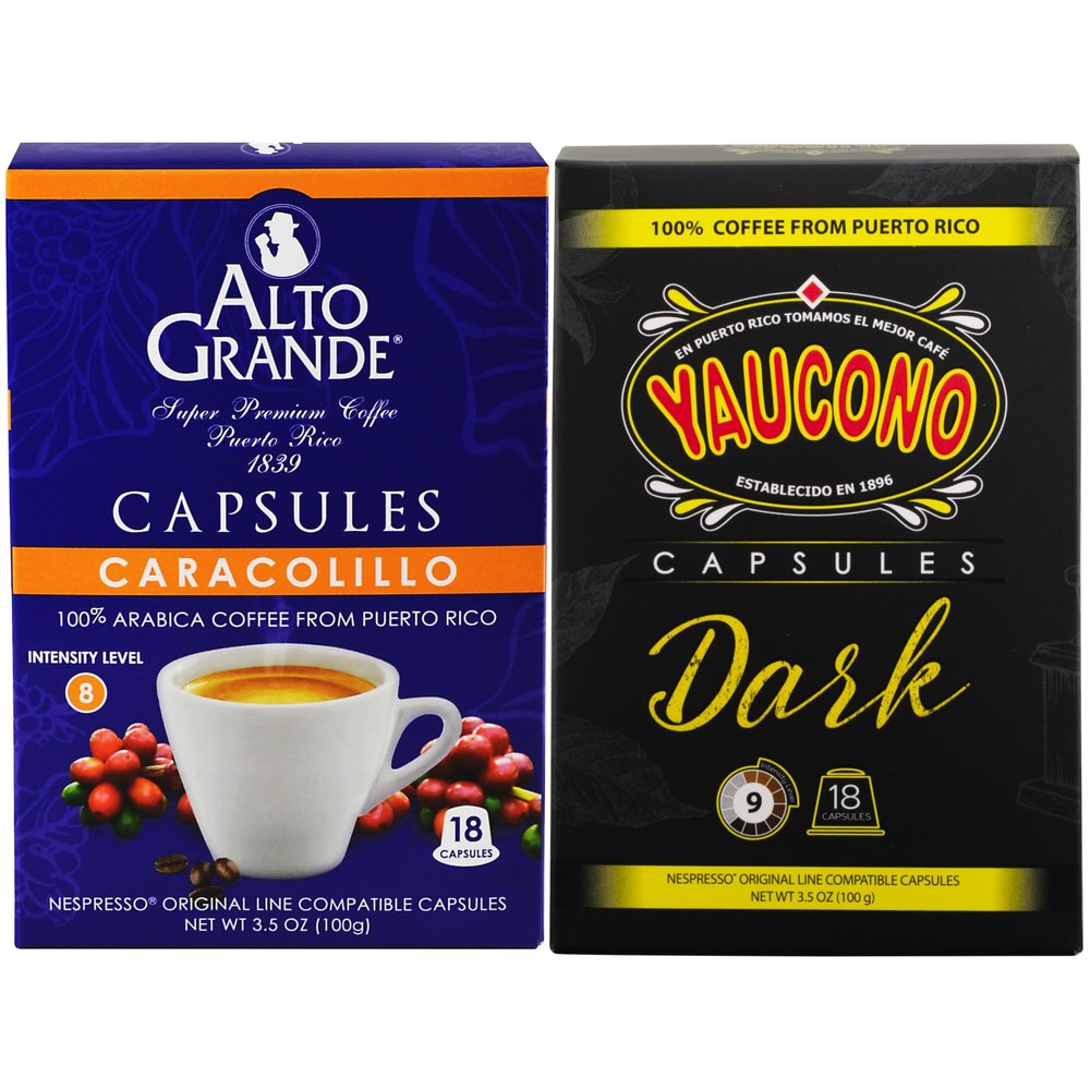 Alto Grande Caracolillo & Yaucono Dark Roast Coffee Capsules, Variety Pack, 36 Ct, Nespresso Original Line Compatible, Puerto Rico Single Serve Espresso