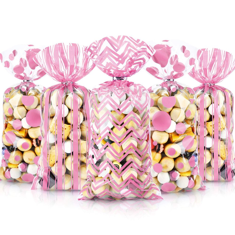 Blulu 105 Pcs Valentine's Day Pink Cellophane Bags with 100 Candy Twist Ties Valentines Treat Bag for Birthday Wedding Anniversary Baby Shower Favor Goody Bags in Polka Dot, Stripes and Chevron Design