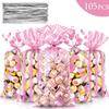 Blulu 105 Pcs Valentine's Day Pink Cellophane Bags with 100 Candy Twist Ties Valentines Treat Bag for Birthday Wedding Anniversary Baby Shower Favor Goody Bags in Polka Dot, Stripes and Chevron Design view 3