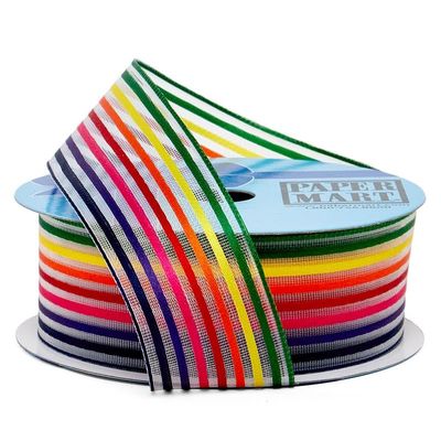 1 1/2" X 25 Yards Multi-Colored Stripes On Sheer Wired Ribbon - Rainbow
