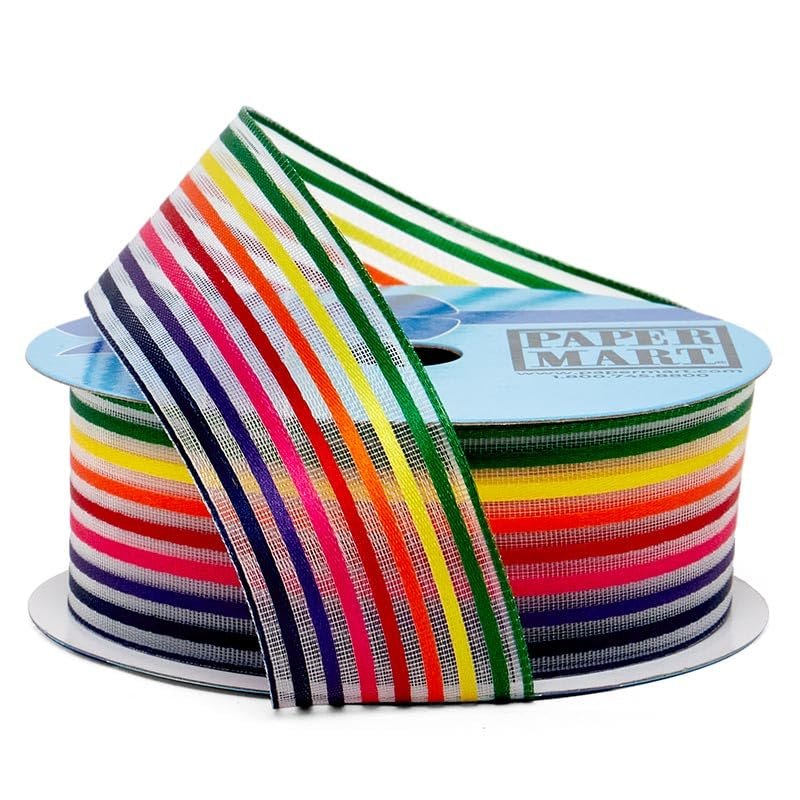 1 1/2" X 25 Yards Multi-Colored Stripes On Sheer Wired Ribbon - Rainbow
