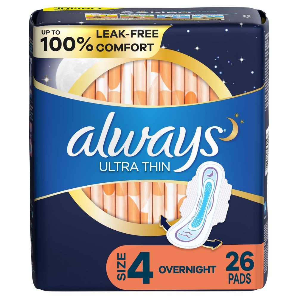 Always Ultra Thin Pads for Women, Size 4 Overnight Absorbency, Unscented with Wings, 26 Count