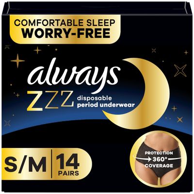 Always ZZZ Overnight Disposable Period Underwear for Women Small/Medium, 360 Coverage for Worry-Free Nights, 14 Count (2 Packs of 7)