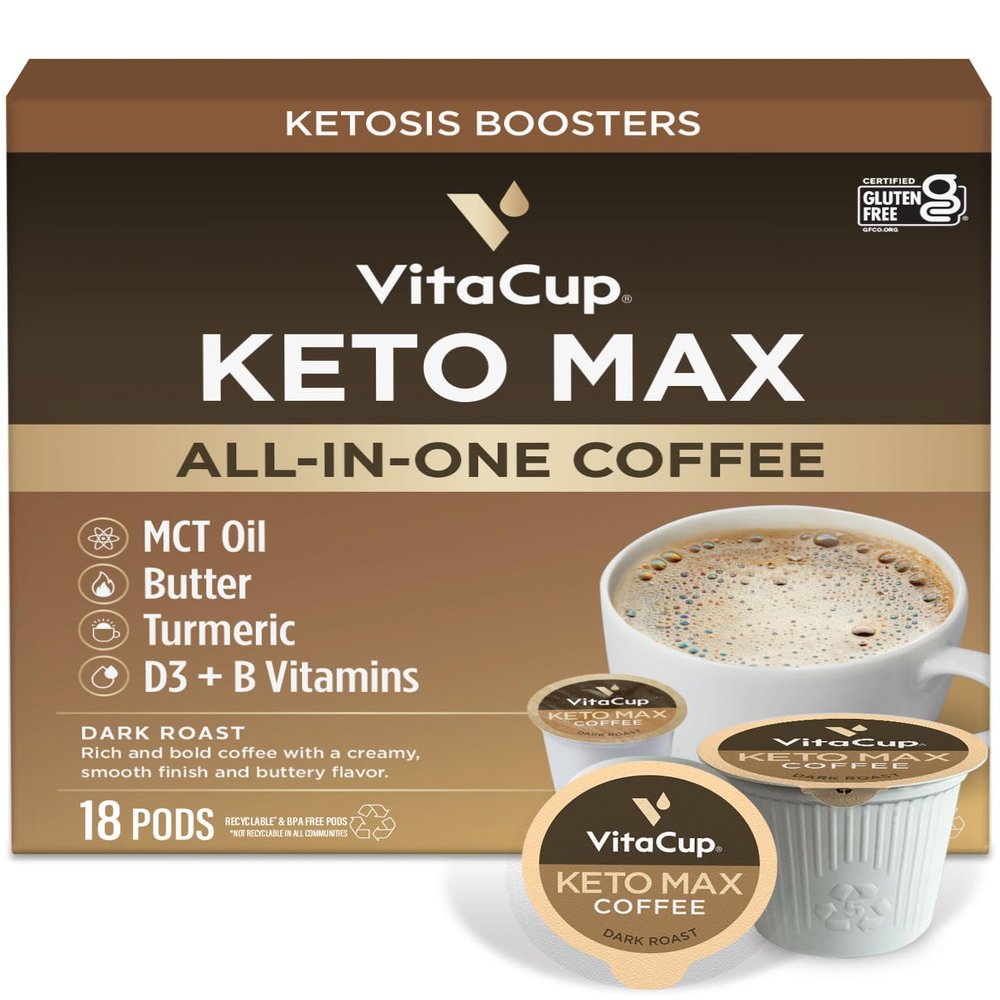 VitaCup Keto Max Dark Roast Coffee Pods, Ketosis & Energy, Butter, MCT Oil, Turmeric, B Vitamins, D3, All-In-One Keto Recyclable Single Serve Pod Compatible w/Keurig K-Cup Brewers,18 Ct