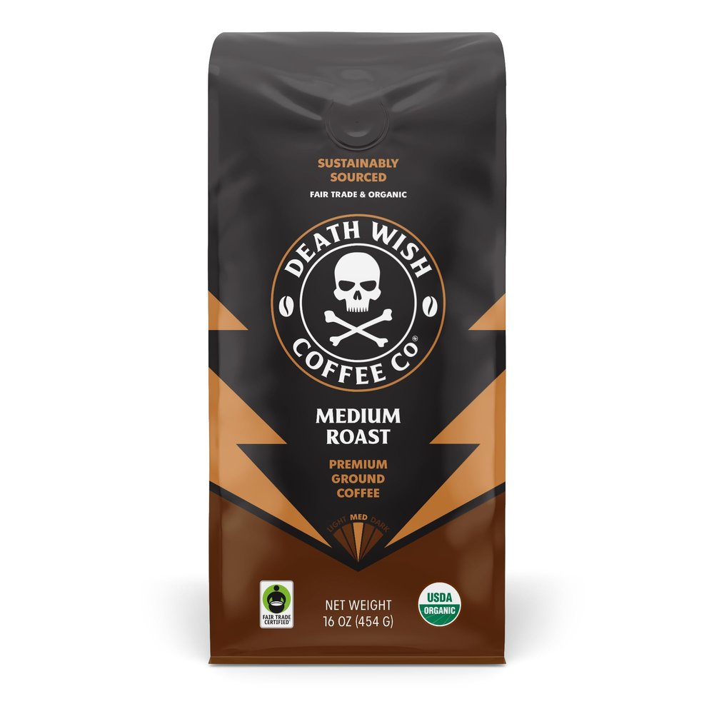 Death Wish Coffee, Organic and Fair Trade Medium Roast Ground Coffee, 16 Ounce (Pack of 1)