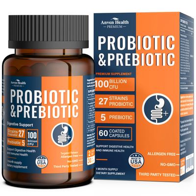 Anven Health 100 Billion Probiotics for Men and Women 27 Strains 5 Organic Prebiotics for Gut Digestive & Immune Health, Supports Diarrhea Gas Bloating, Non-GMO, Zero Fillers Made in USA60 Caps