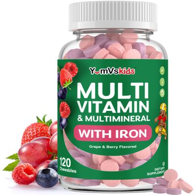YumVs Kids Multivitamin with Iron & Minerals Chewable Tablets Grape & Berry Flavor Vitamins for Toddlers & Children Age 2+ Daily Multivitamin for Immune Support Kosher, Non-GMO 120 Chewables
