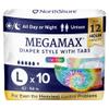 NorthShore MegaMax Adult Overnight Diapers, 12-Hour Tab-Style, Large, 10 Count Bag, Tie-Dye, 42-54 inches, Unisex Incontinence Underwear view 1
