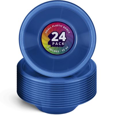 DecorRack 24 Small Plastic Bowls, 7 inch Disposable 12 oz Serving Bowl, Fruit Snack, Popcorn, Soup, and Salad, Kids Birthday and Holiday Party Supplies, Blue (Pack of 24)