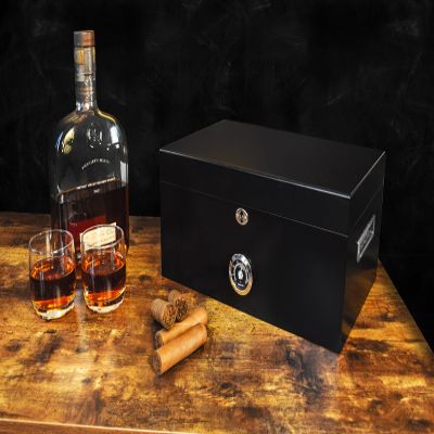 69Bourbons Cigar Humidor - Cigar Box for 150 Cigars with Hygrometer & Divider, Dark Madagascan Ebony Wood Exterior, Locking Box, Removable Humidifier, Tray, Dividers, Piano Hinges