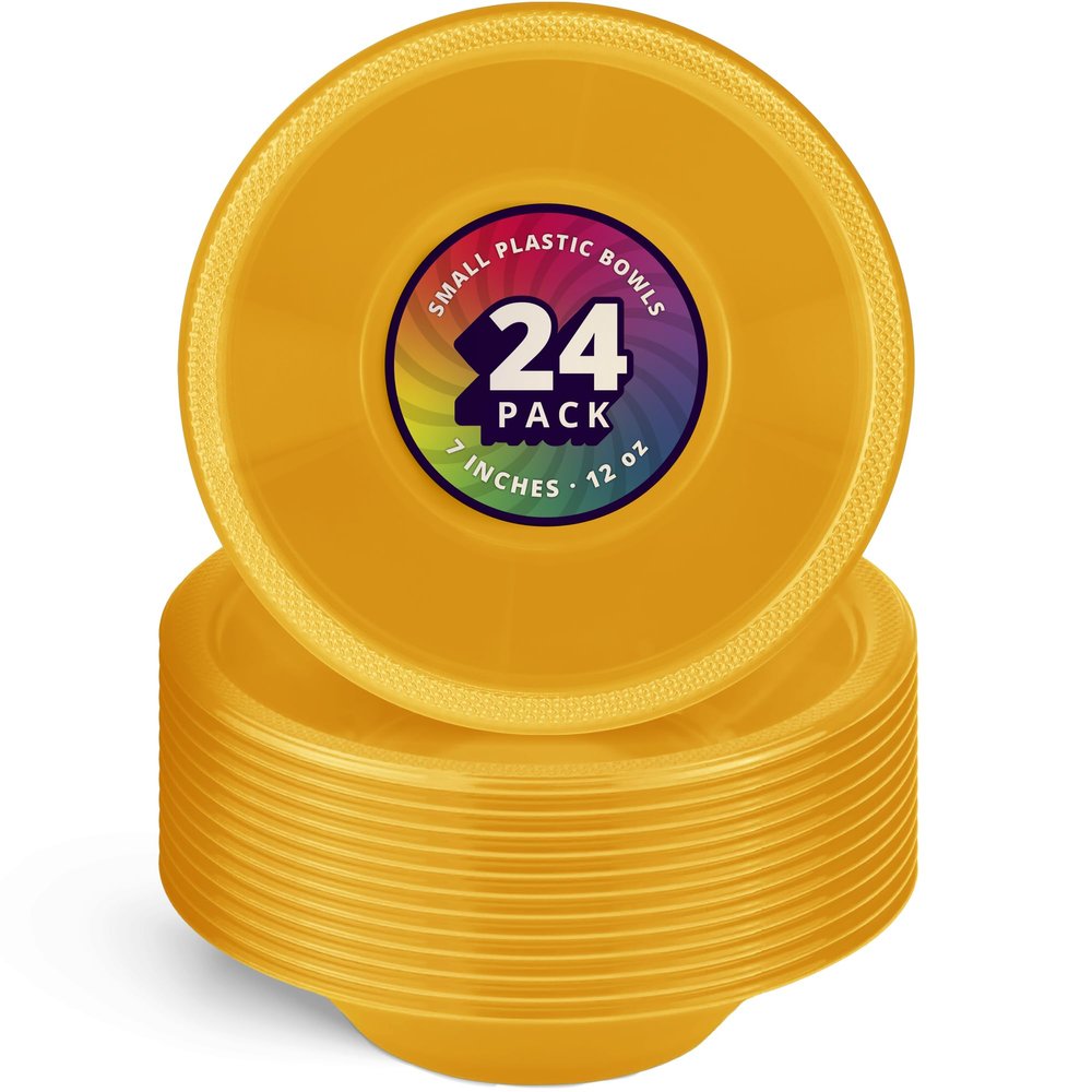 DecorRack 24 Small Plastic Bowls, 7 inch Disposable 12 oz Serving Bowl, Fruit Snack, Popcorn, Soup, and Salad, Kids Birthday and Holiday Party Supplies, Yellow (Pack of 24)