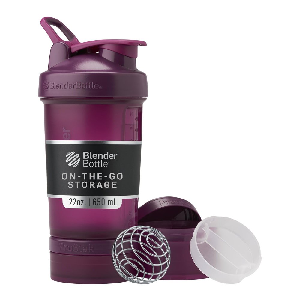 BlenderBottle Shaker Bottle with Pill Organizer and Storage for Protein Powder, Classic V2 ProStak System, 22-Ounce, Plum
