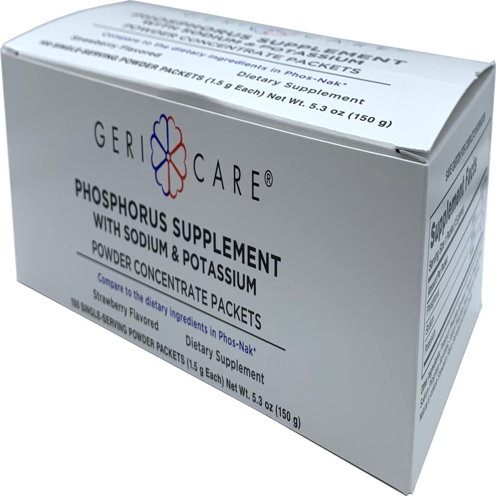 GeriCare Phosphorus Supplement Powder Packets, Strawberry Flavor, Supports Bone Strength & Energy Metabolism, Nerve, and Muscle Support, Electrolyte Mineral Supplement, 1.5g Each Packet (Box of 100)