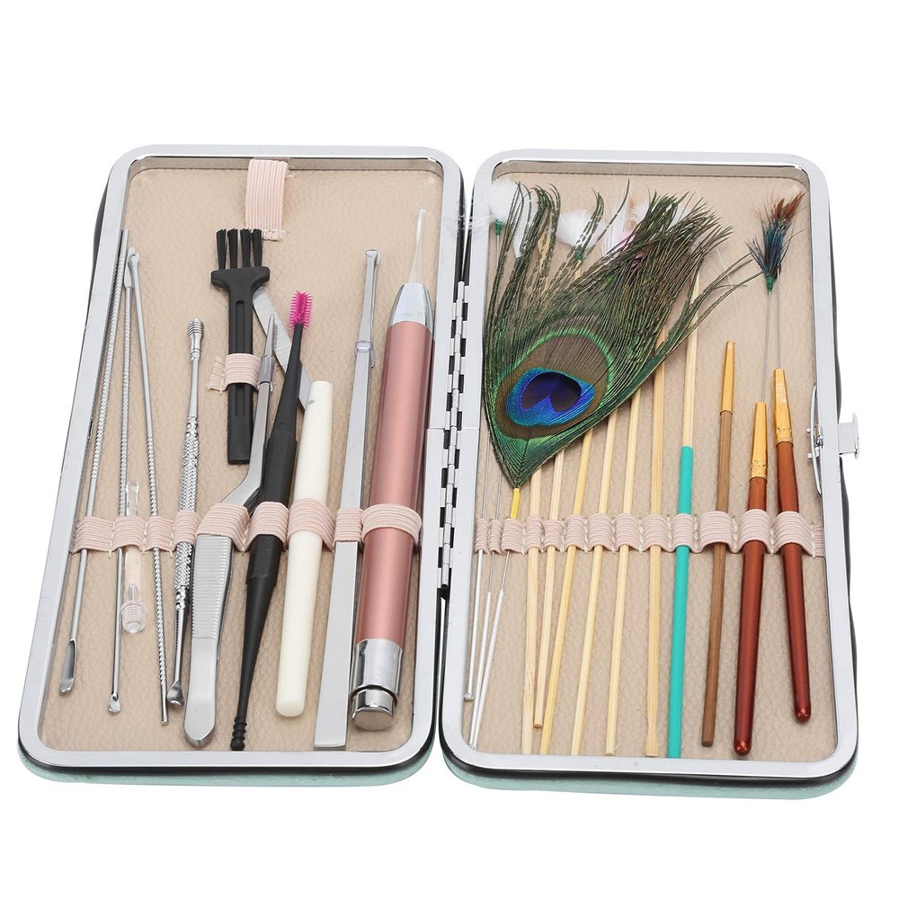 23 Pcs Ear Wax Removal Kit, Lighted Ear Pick Double Ended Ear Scoop Spoon Tweezer Stainless Steel Ear Wax Removal Tools with Storage Box(Green)