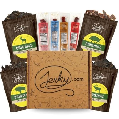 Jerky.com Exotic Jerky Gift Box | 8pc Wild Game Exotic Jerky Variety Pack with Venison, Elk, Wild Boar, & Buffalo | High Protein, Low Fat, Keto Meat Snacks | Valentines Gifts for Him