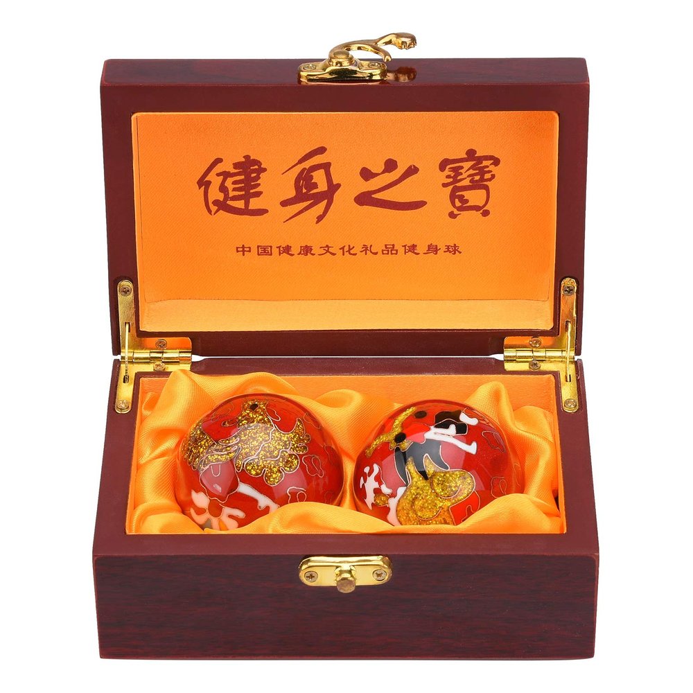 1.97'' Baoding Balls Hand Exercise Stress Balls with Chimes Dragon&Phoenix Pattern Red Balls with Box Parents Gift TQZDBS73