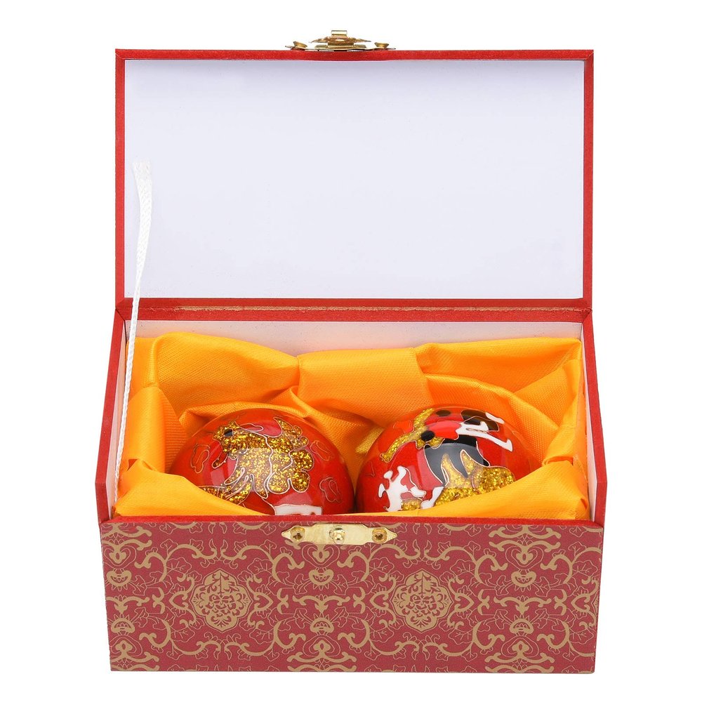 1.97'' Baoding Balls Hand Exercise Stress Balls with Chimes Dragon&Phoenix Pattern Red Balls with Box Parents Gift TQZDBS74