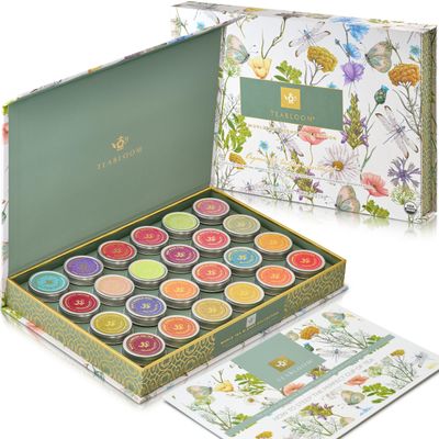 Teabloom Exceptional Loose Leaf Tea Chest, World's Largest Tea Collection with 24 Varieties of USDA Certified Organic Black, Green, White, Oolong, and Herbal Teas