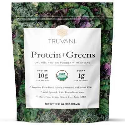 Truvani Protein + Greens Supplement | Spinach, Kale & Broccoli | 10g Organic Plant Based Protein | 20 Servings | USDA Organic | Gluten & Dairy Free | Vegan | No Added Sugar