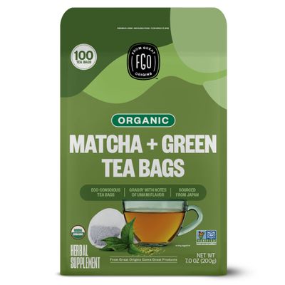 FGO Organic Japanese Matcha + Green Tea, 100 Count, Eco-Conscious Tea Bags, Resealable Bag, Packaging May Vary (Pack of 1)