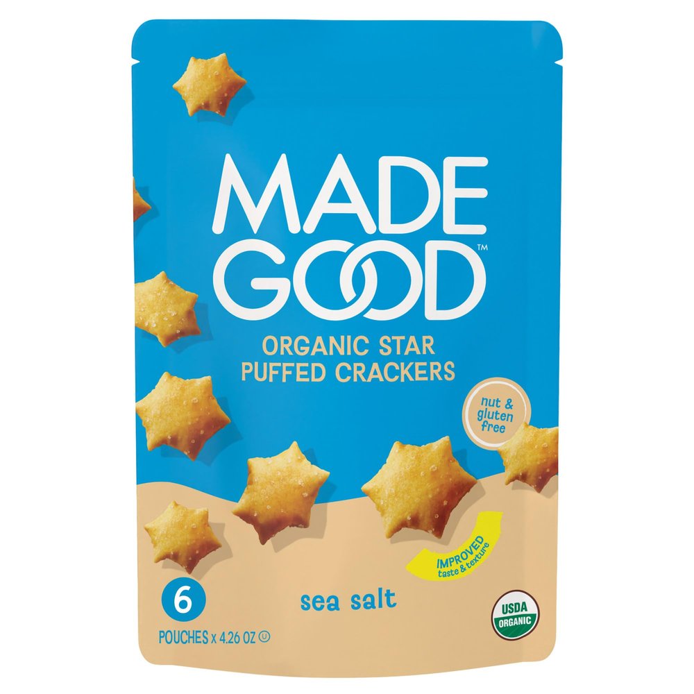 MadeGood Star Puffed Crackers, Sea Salt, 6 Bags (4.26oz Each) Gluten Free and Organic, Healthy Snacks