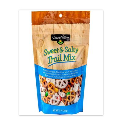 Clover Valley Sweet & Salty Snacking Trail Mix - Re-Sealable Bag 7.5 oz - comes with Sweet Yogurt Covered & Salty Pretzels, Zesty Corn Pieces, White Chocolate Oat Cereal Pieces, and Chocolate Coated Candy