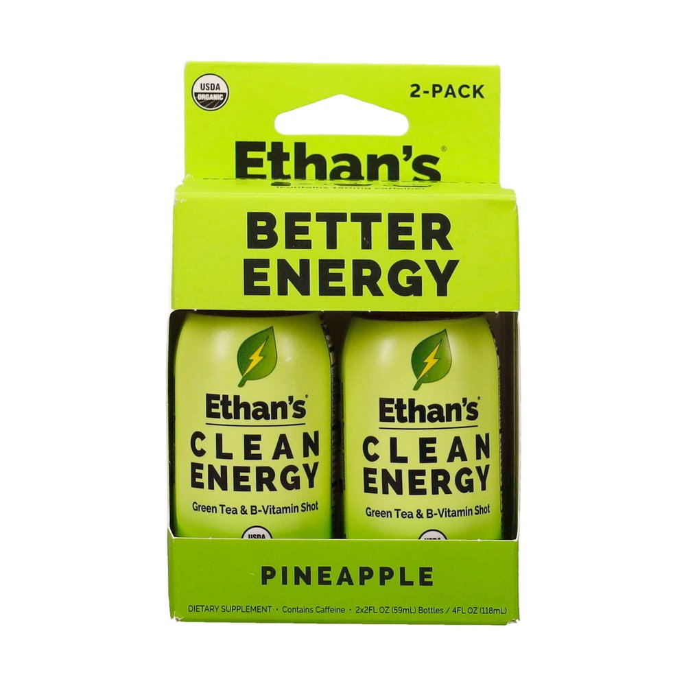 Ethan's Organic Clean Energy Shots Pineapple, Sugar Free Natural Pre-Workout Focus Boost, Gluten Free, Vegan, B6 & B12 Vitamin C with Green Tea Extract and Guayusa (2 Pack of 2oz Shots)