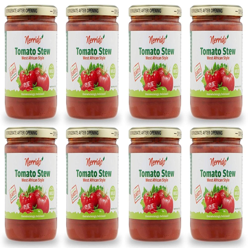 NERRIDO African Stewed Canned Tomatoes & Jollof Sauce, Organic Tomato Sauce Canned 16oz (454g) (Mild, 8 Pack)