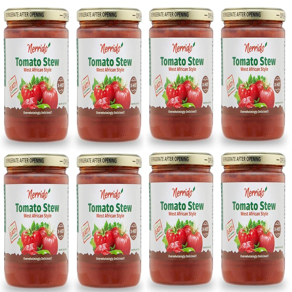 Nerrido Canned Tomato Stew & Jollof Rice Red Sauce, African Style Hot Pasta Sauce with Vegetables and Spices 16oz(454g) (X-Hot, 8 Pack)