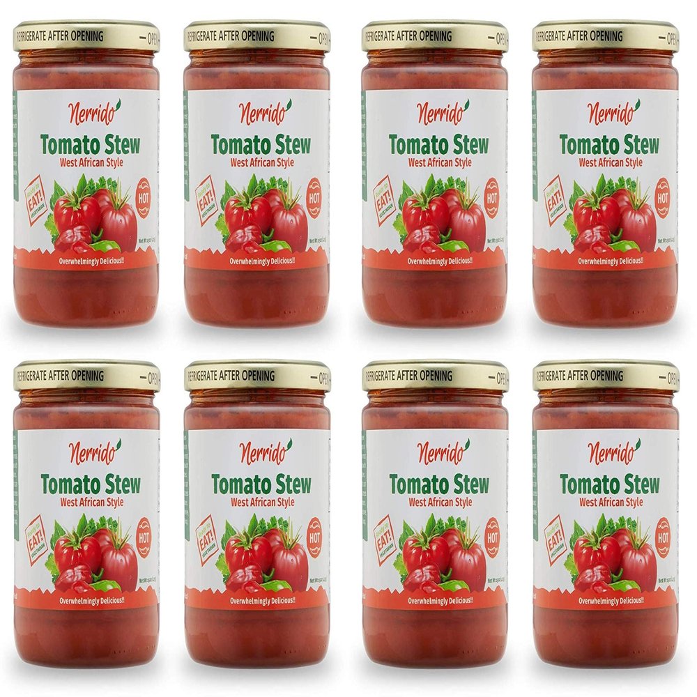 Nerrido Canned Tomato Stew & Jollof Rice Red Sauce, African Style Hot Sauce Gift Sets Pasta Sauce with Vegetables and Spices 16oz (454g) (Hot, 8 Pack)