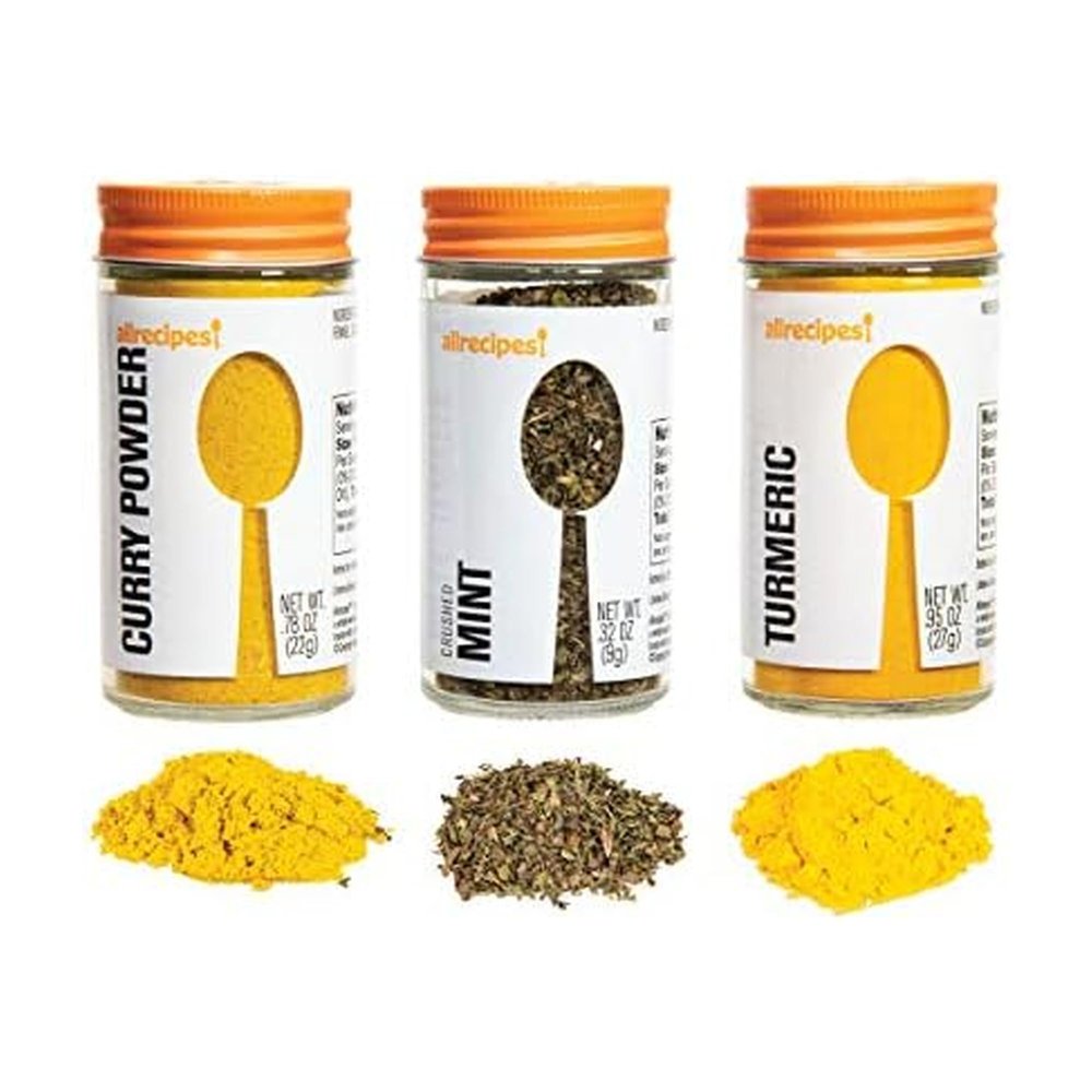 Allrecipes Taste of India (Curry Powder, Crushed Mint, Turmeric) in Glass Jars with Removable Sifter Caps for Sprinkling, Set of 3