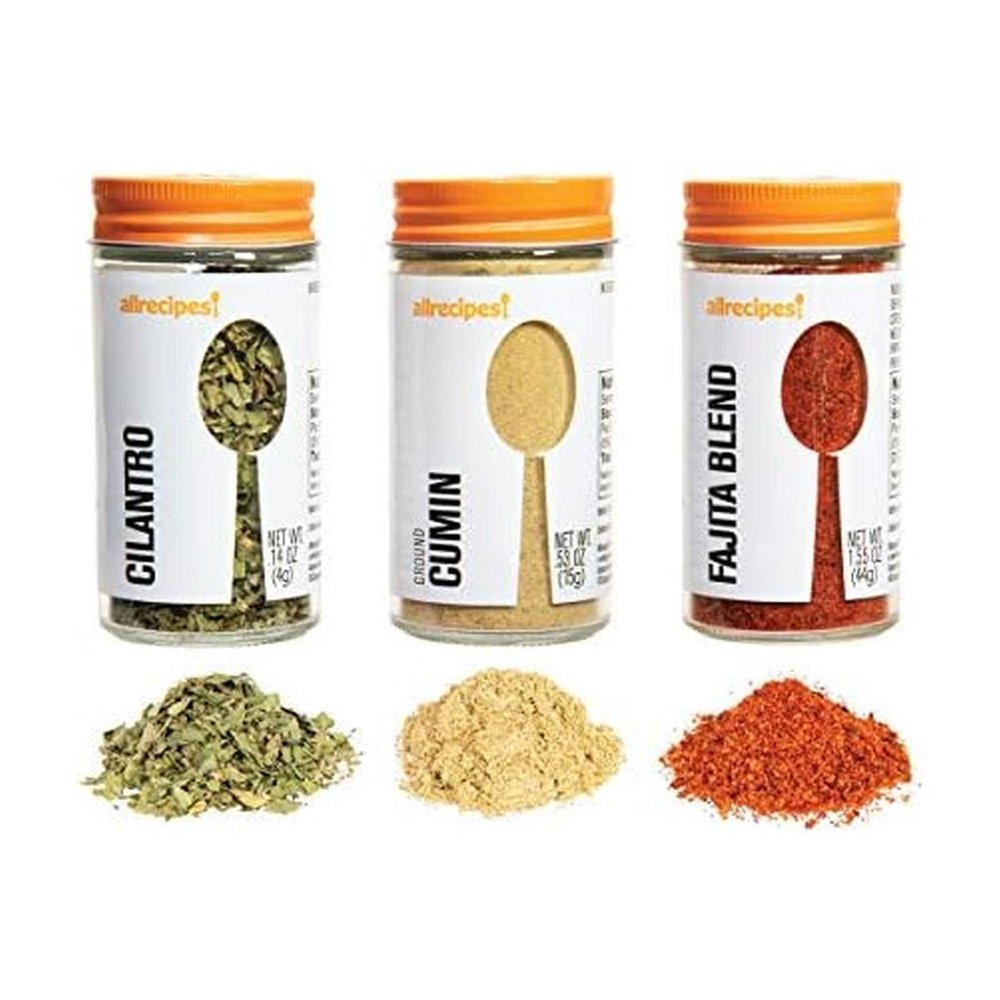 Allrecipes Taste of Mexico (Cilantro, Ground Cumin, Fajita Blend) in Glass Jars with Removable Sifter Caps for Sprinkling, Set of 3
