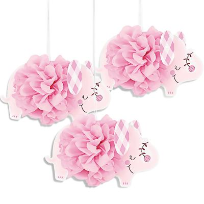 Pink Floral Elephant Hanging Tissue Pom Pom Decorations (9") 3 Count - Perfect for Baby Showers, Nurseries, and Elephant-Themed Events