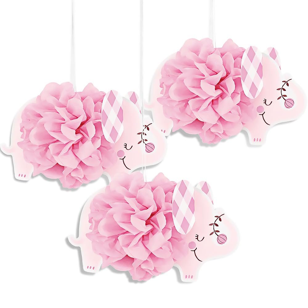 Pink Floral Elephant Hanging Tissue Pom Pom Decorations (9") 3 Count - Perfect for Baby Showers, Nurseries, and Elephant-Themed Events