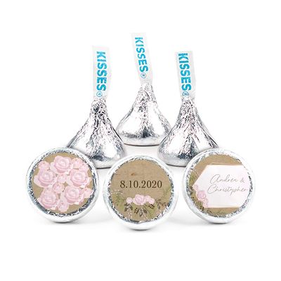 100ct Personalized Wedding Candy Kisses Favors - Candy Included - No Assembly Required - Pink Botanicals