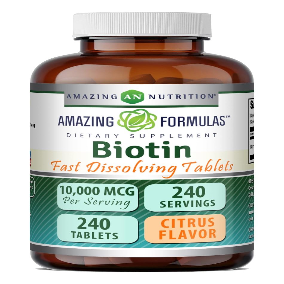 Amazing Formulas Biotin (Vitamin B7) 10,000 Mcg | Fast Dissolve Tablets Supplement | Citrus Flavor | Non-GMO | Gluten-Free | Made in USA (1 Pack | 240 Count)