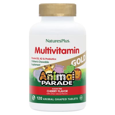 NaturesPlus Animal Parade Gold Children's Chewable Multivitamin - Natural Cherry Flavor - 120 Animal Shaped-Tablets, Pack of 2 - with Vitamin D3, K2 & Probiotics - 120 Total Servings