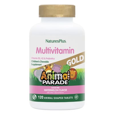 NaturesPlus Animal Parade Gold Multivitamin Childrens Chewables - Watermelon Flavor - 120 Animal-Shaped Tablets, Pack of 2 - Vitamin D3, K2 & Probiotics - Vegan, Gluten Free - 120 Total Servings
