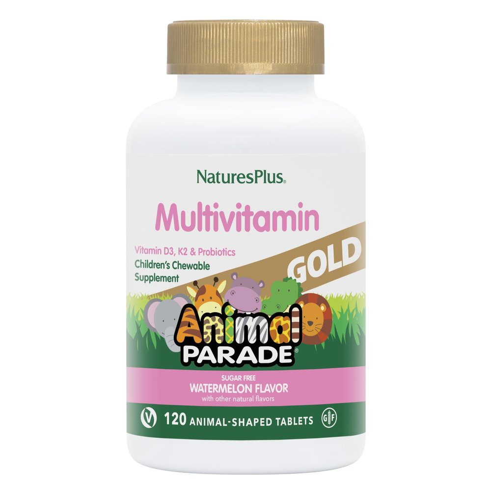 NaturesPlus Animal Parade Gold Multivitamin Childrens Chewables - Watermelon Flavor - 120 Animal-Shaped Tablets, Pack of 2 - Vitamin D3, K2 & Probiotics - Vegan, Gluten Free - 120 Total Servings
