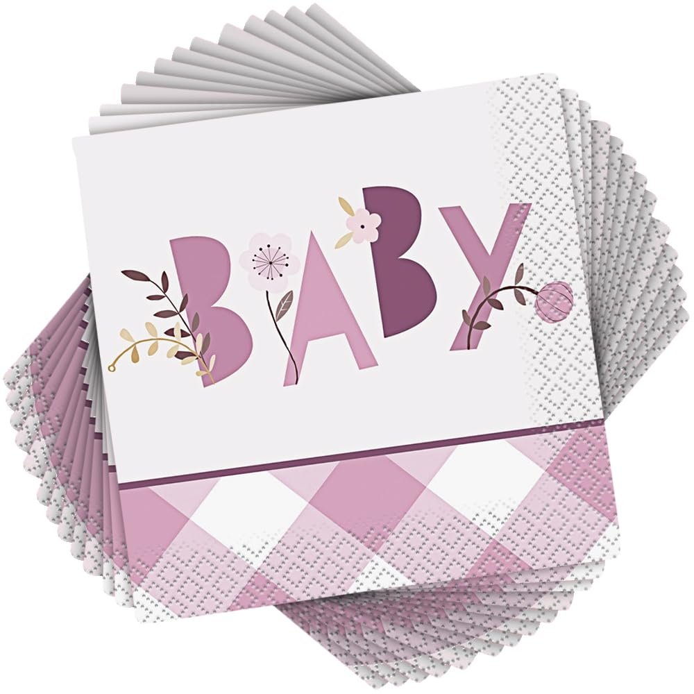 Pink Floral Elephant Beverage Napkins (16 Count) - Elegant & Playful Design for Baby Showers & Parties