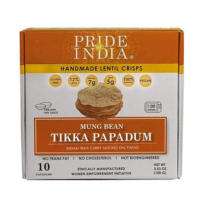 Pride Of India - Tikka Curry Mung Bean Papadum Lentil Crisp, Pack of 6-10 count (3.53oz - 100gm) - Instant Microwaveable Vegan Healthy Crackers | Tastes like Indian Curry Sauce | Mild Spice Level