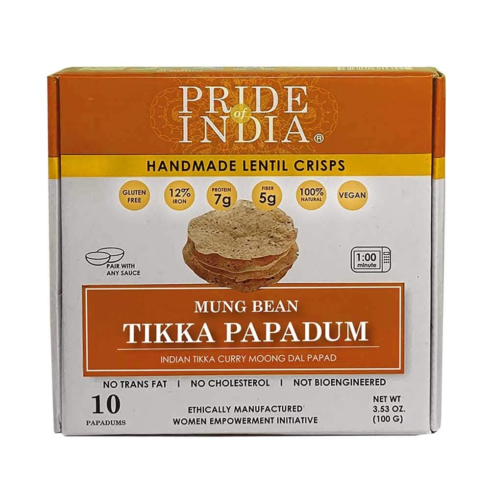 Pride Of India - Tikka Curry Mung Bean Papadum Lentil Crisp, Pack of 6-10 count (3.53oz - 100gm) - Instant Microwaveable Vegan Healthy Crackers | Tastes like Indian Curry Sauce | Mild Spice Level