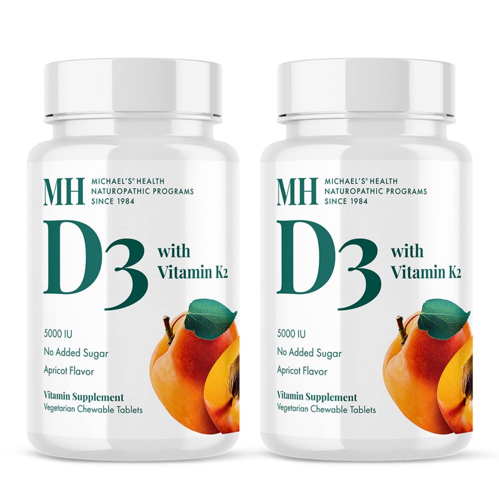 MICHAEL'S Health Naturopathic Programs Vitamin D3 with K2 - 90 Chewable Tablets, Pack of 2 - Apricot Flavor - Skeletal & Immune System Support - No Added Sugar - Vegetarian - 180 Total Servings